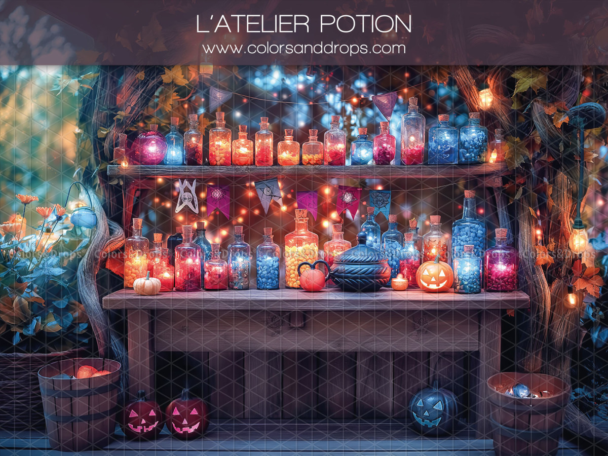 Fond photo d'Halloween L'Atelier Potion – atelier de potions avec fioles lumineuses | Colors&Drops