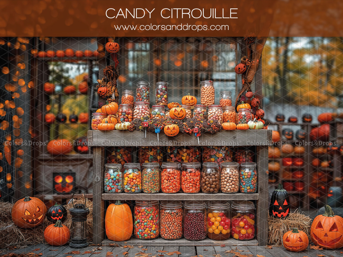 Fond photo d'Halloween Candy Citrouille – étal de bonbons d'Halloween avec citrouilles | Colors&Drops