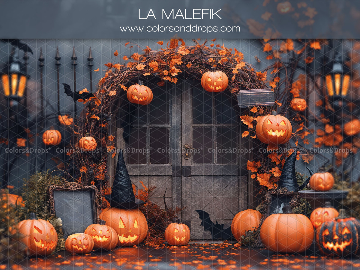 Fondo fotográfico de Halloween La Malefik – puerta gótica con arco de hojas y calabazas | Colors&Drops