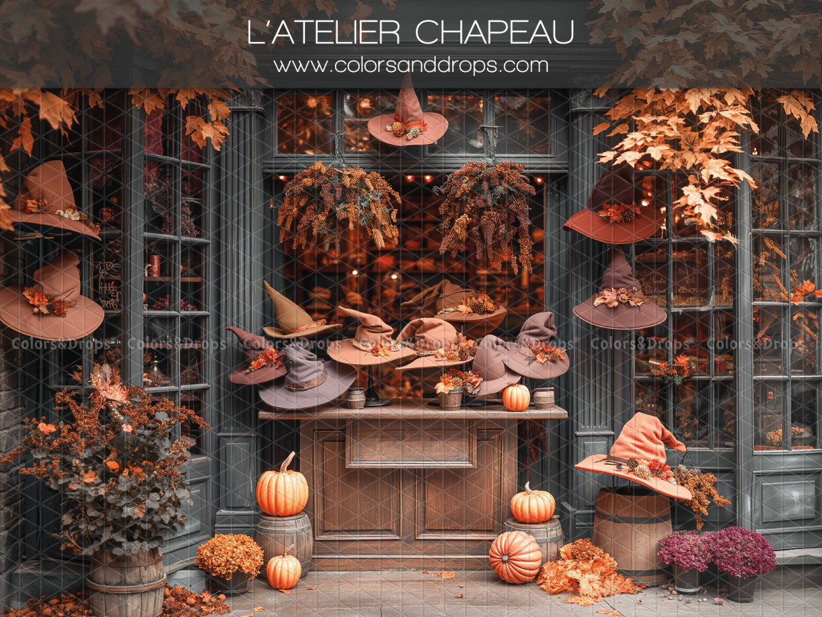 Baby & cake smash photo backdrop L'Atelier Chapeau – witch hat workshop with pumpkins | Colors&Drops