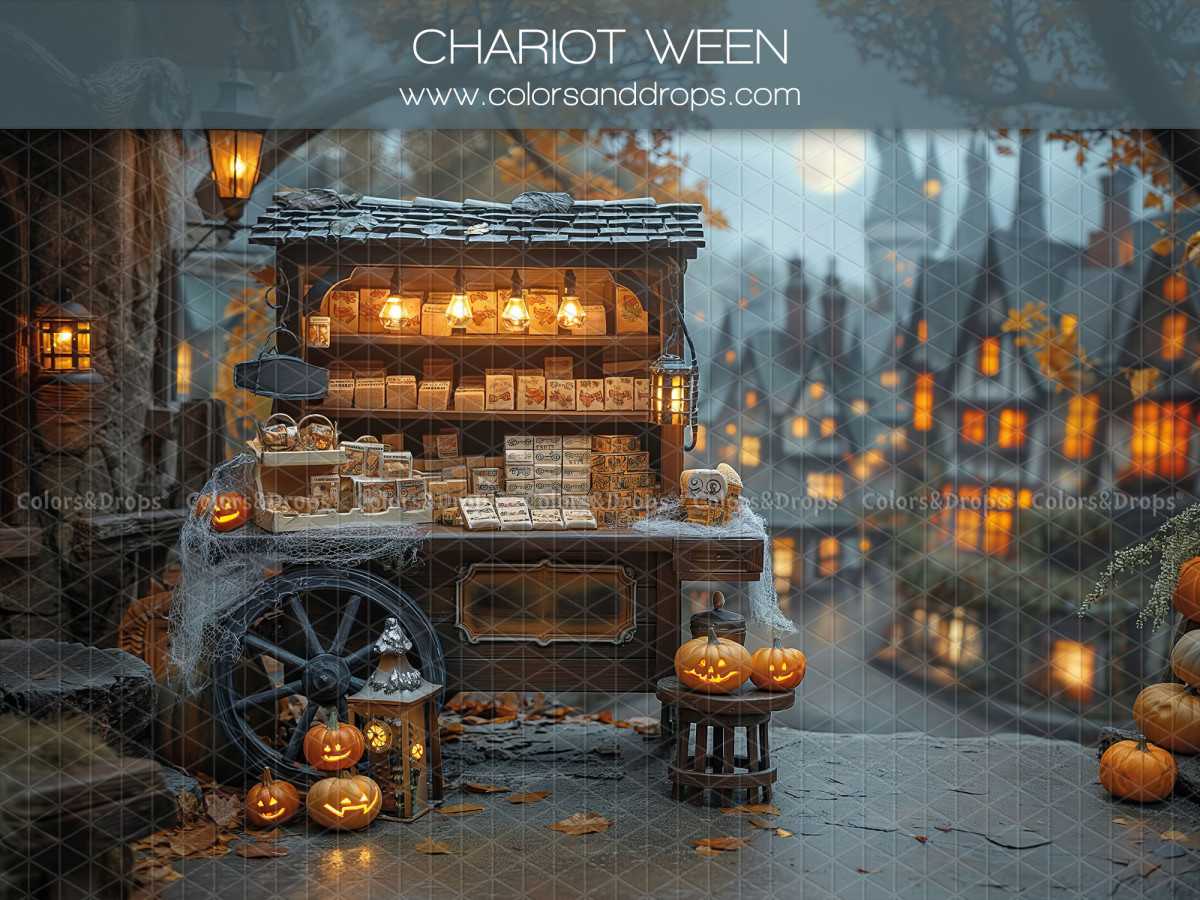 Fond photo bébé et smash cake Chariot Ween – chariot de friandises dans une rue de village d'Halloween | Colors&Drops