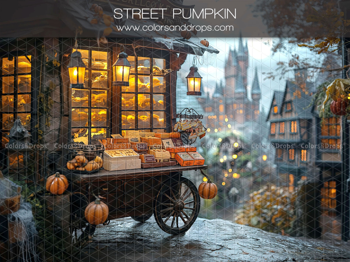Baby & cake smash photo backdrop Street Pumpkin – pumpkin cart in front of a lit shop | Colors&Drops