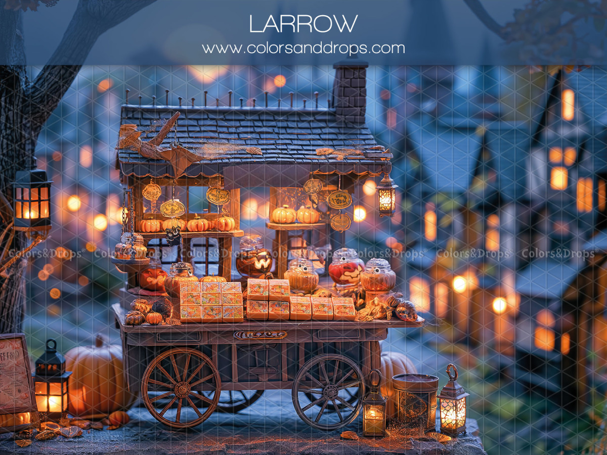 Fond photo d'Halloween Larrow – charrette de friandises d'Halloween dans un village | Colors&Drops