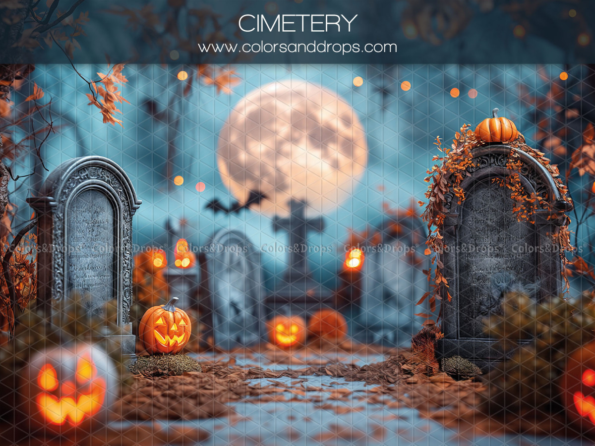 Fond photo d'Halloween Cimetery – cimetière d'Halloween avec pleine lune et citrouilles | Colors&Drops