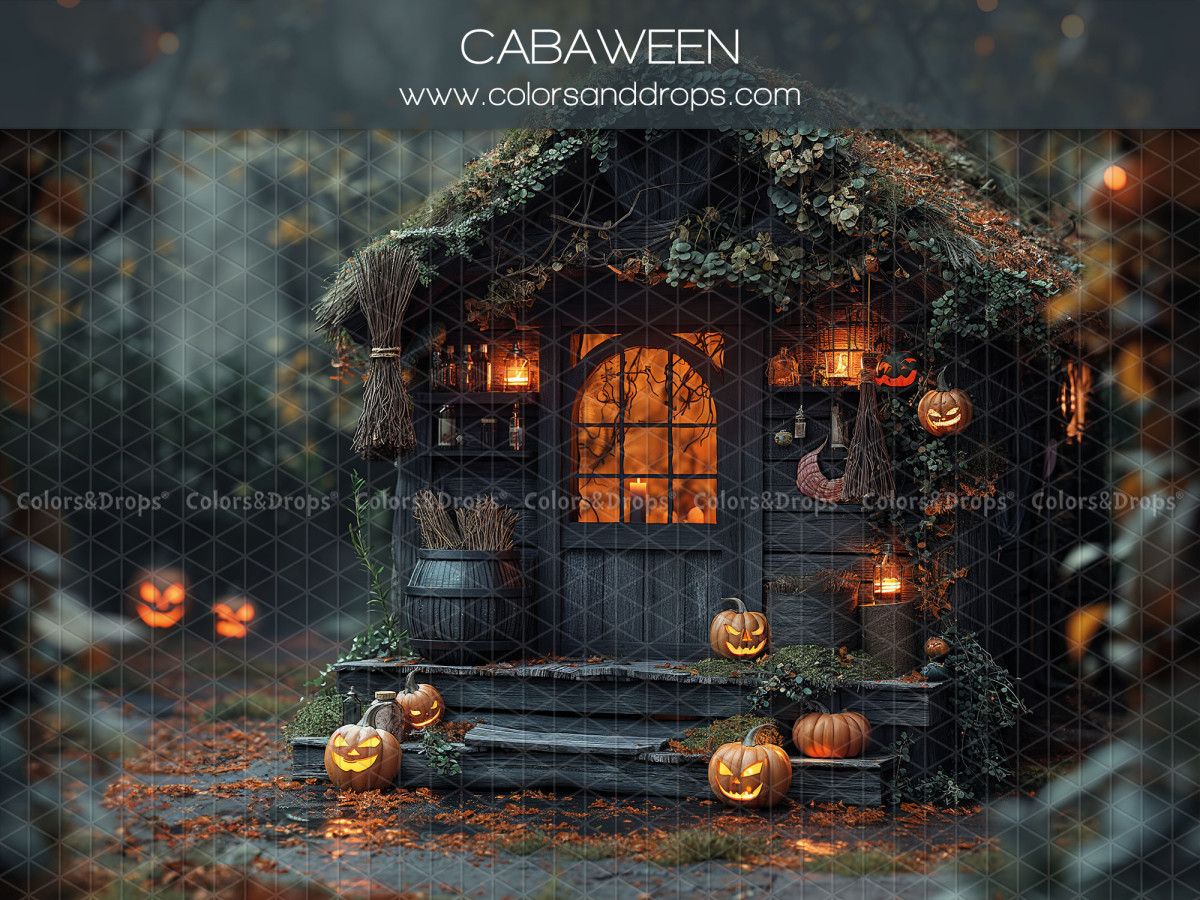 Baby & cake smash photo backdrop Cabaween – Halloween cabin in the forest with pumpkins | Colors&Drops