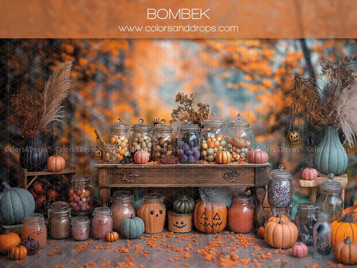 Fond photo d'Halloween Bombek – buffet de bonbons d'Halloween avec bocaux et citrouilles | Colors&Drops