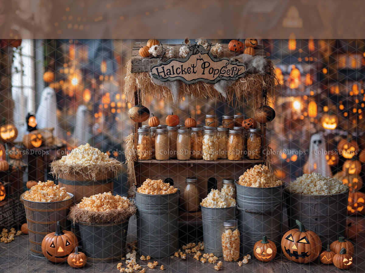 Fond photo d'Halloween Popween – bar à pop-corn d'Halloween avec bocaux | Colors&Drops