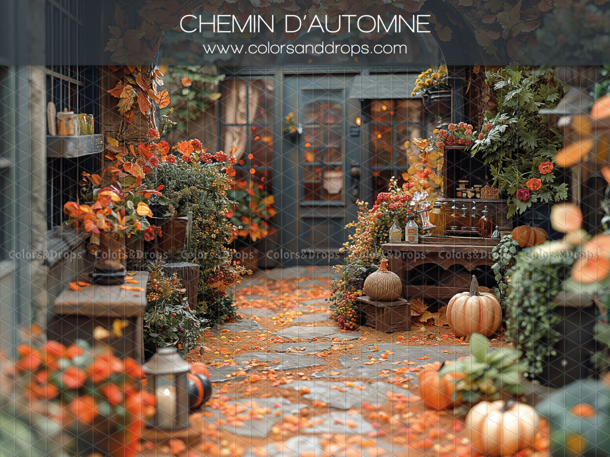 Fondo fotográfico de bebé y smash cake Chemin D'Automne – sendero otoñal con calabazas frente a una casa | Colors&Drops