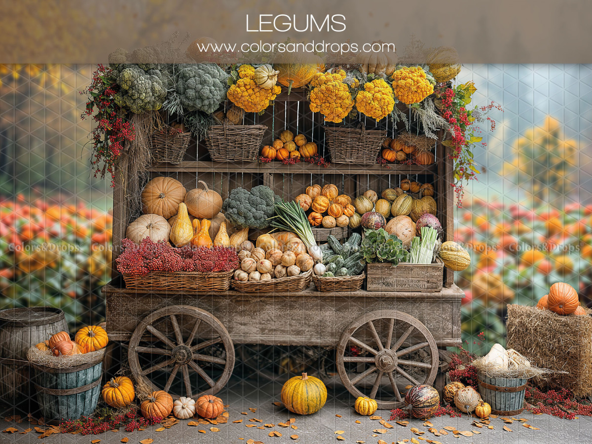 Fondo fotográfico de bebé y smash cake Legums – carreta de verduras y calabazas otoñales | Colors&Drops