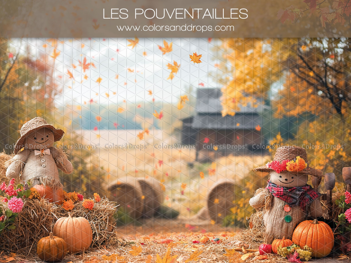 Fond photo bébé et smash cake Lespouvantailles – épouvantails et bottes de foin dans un champ d'automne | Colors&Drops