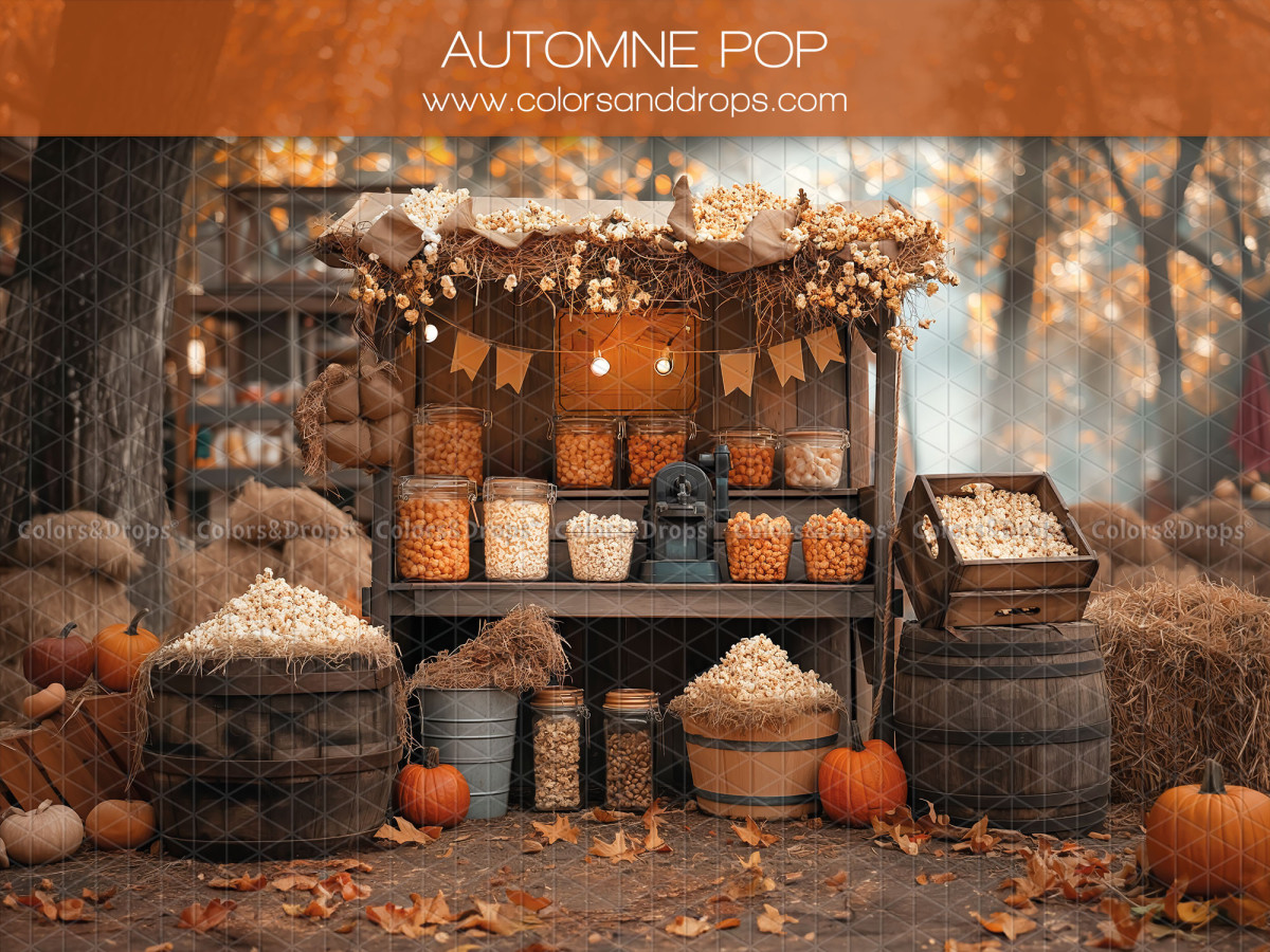 Fondo fotográfico de bebé y smash cake Automne Pop – puesto otoñal con palomitas, barriles y heno | Colors&Drops