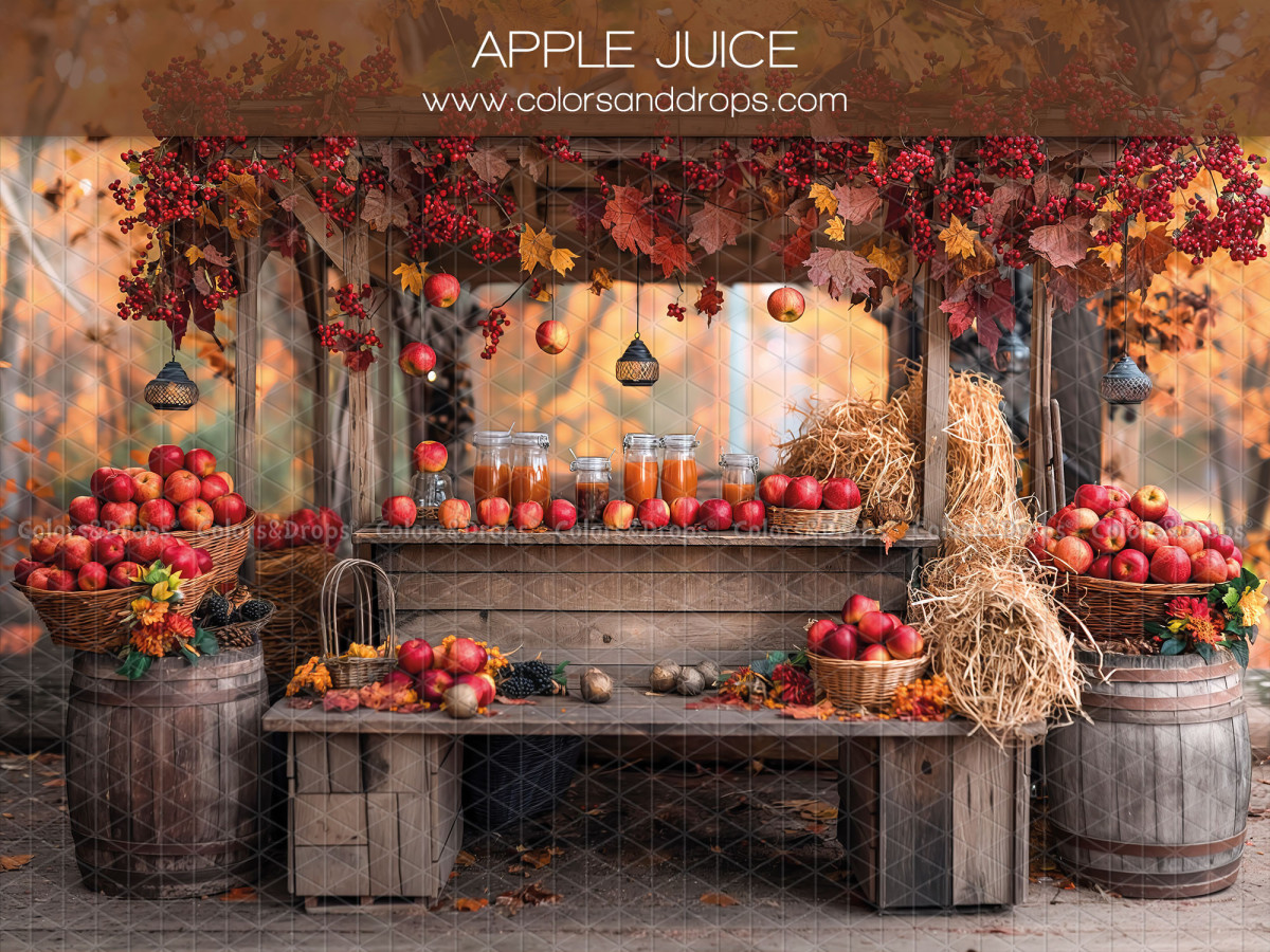 Baby & cake smash photo backdrop Apple Juice – apple juice stand with barrels and foliage | Colors&Drops