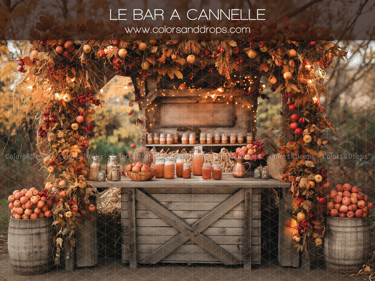 Baby & cake smash photo backdrop Le Bar a Cannelle – wooden cinnamon bar with apples and foliage | Colors&Drops