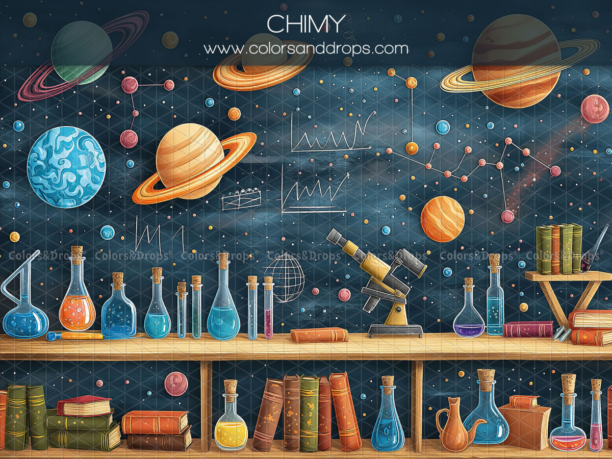 School portrait photo backdrop Chimy – chalkboard with planets and science vials | Colors&Drops