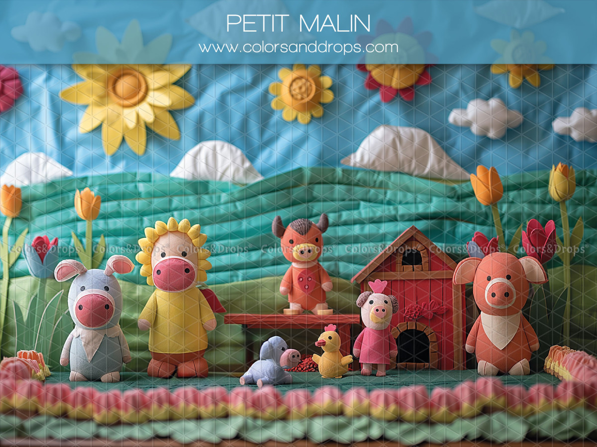 School portrait photo backdrop Petit Malin – fabric farm with plush animals and sun | Colors&Drops