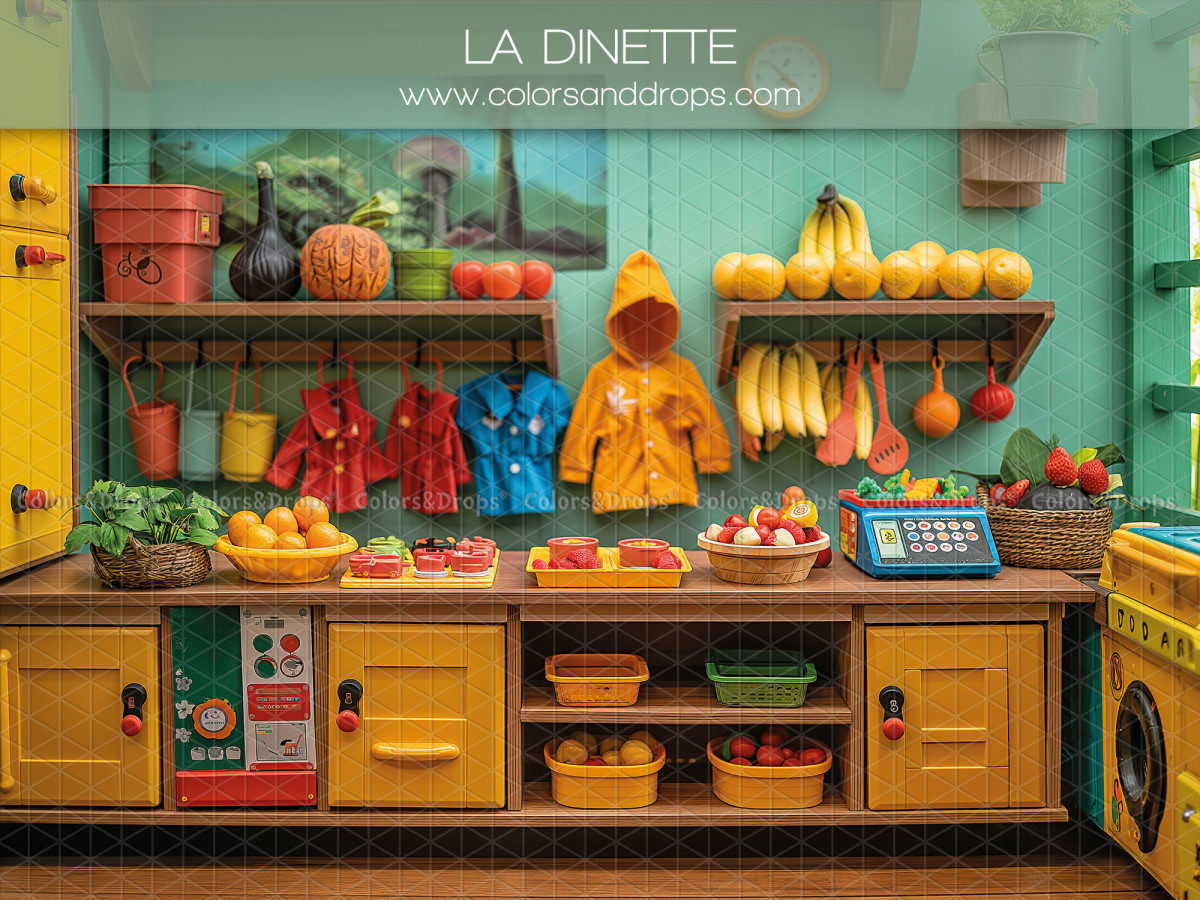 Fond photo scolaire La Dinette – dînette colorée avec fruits et cuisine enfant | Colors&Drops