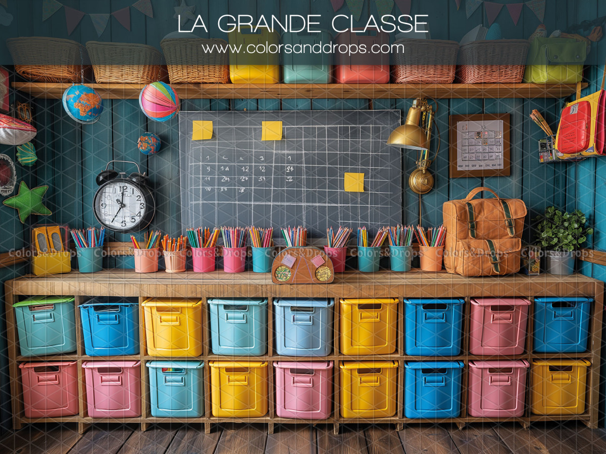 Fond photo scolaire La Grande Classe – salle de classe avec casiers colorés et tableau | Colors&Drops