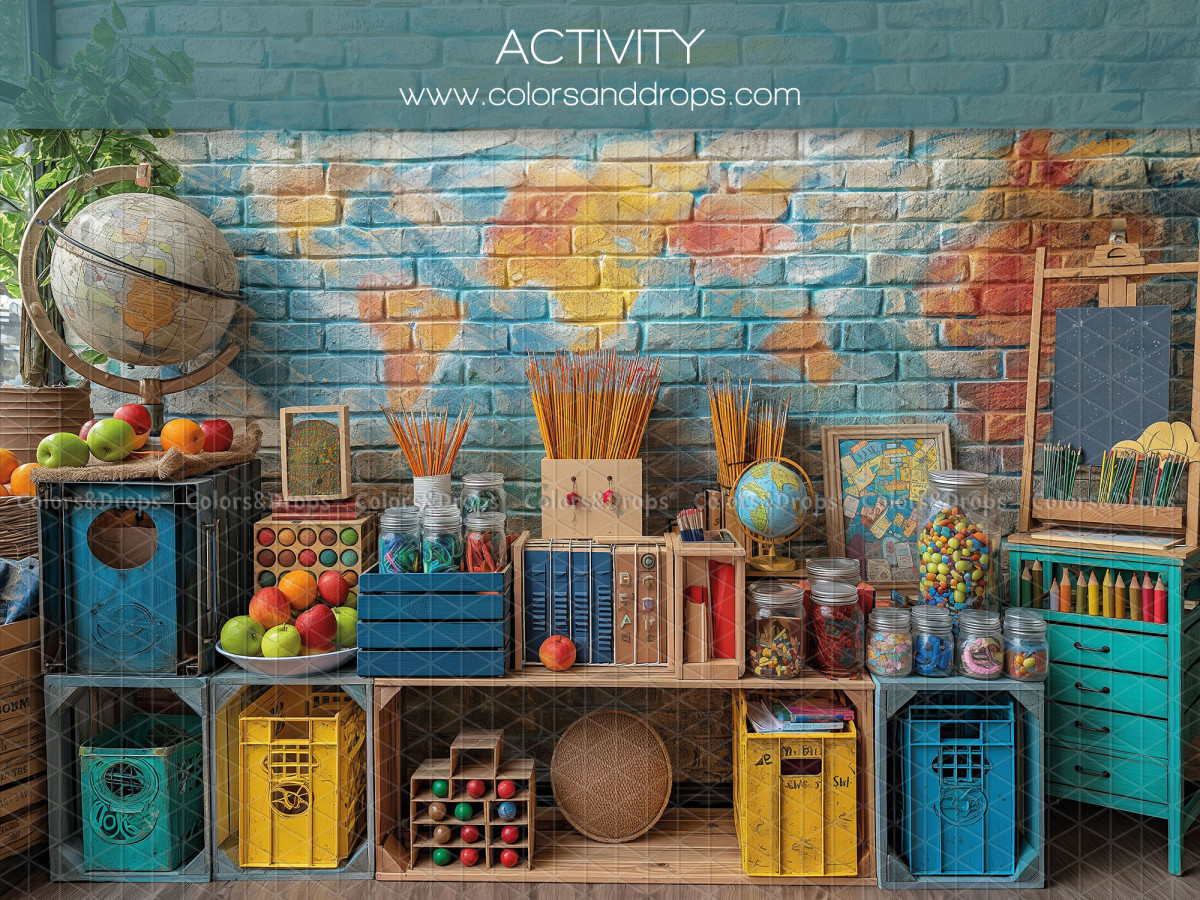 Fond photo scolaire Activity – salle d'activités avec mur en brique peint et caisses | Colors&Drops
