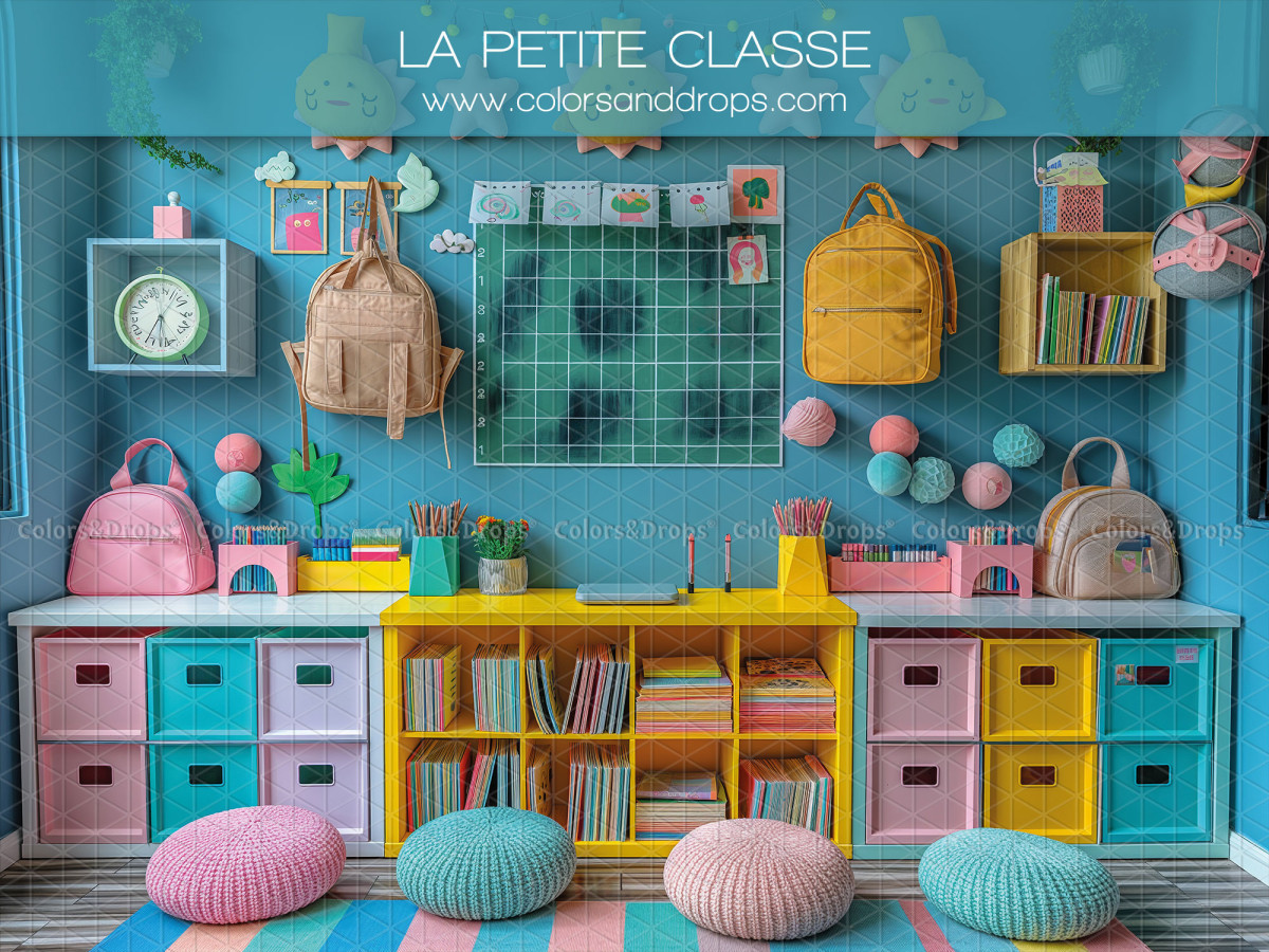 Fond photo scolaire La Petite Classe – petite classe colorée avec étagères et poufs | Colors&Drops
