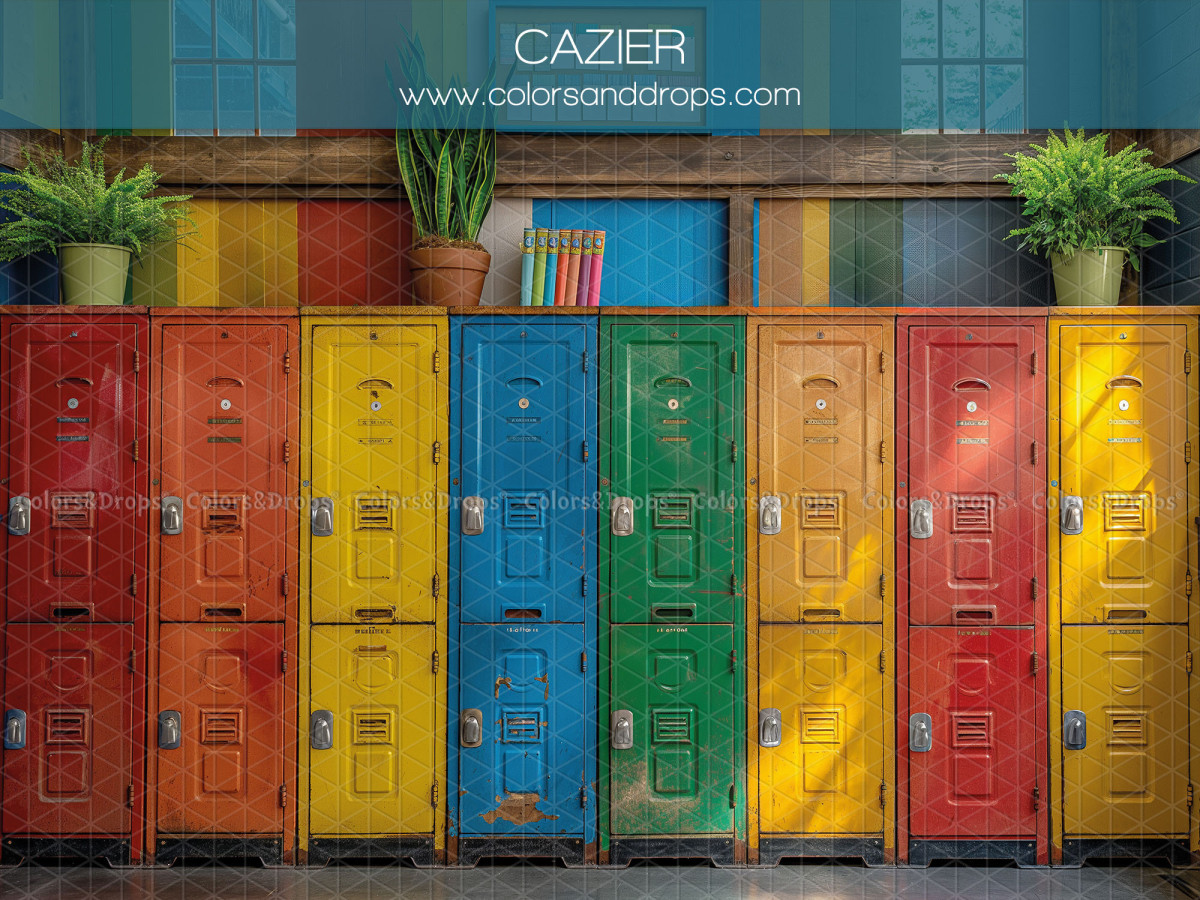 School portrait photo backdrop Cazier – multicoloured school lockers | Colors&Drops