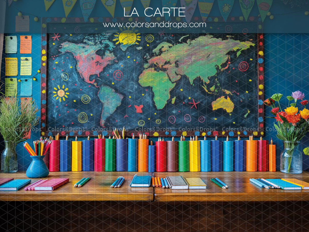 School portrait photo backdrop La Carte – world map with coloured pencils on desk | Colors&Drops