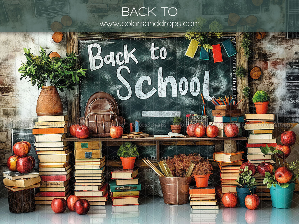 Fondo fotográfico escolar Back to – pizarra Back to School con libros y manzanas | Colors&Drops