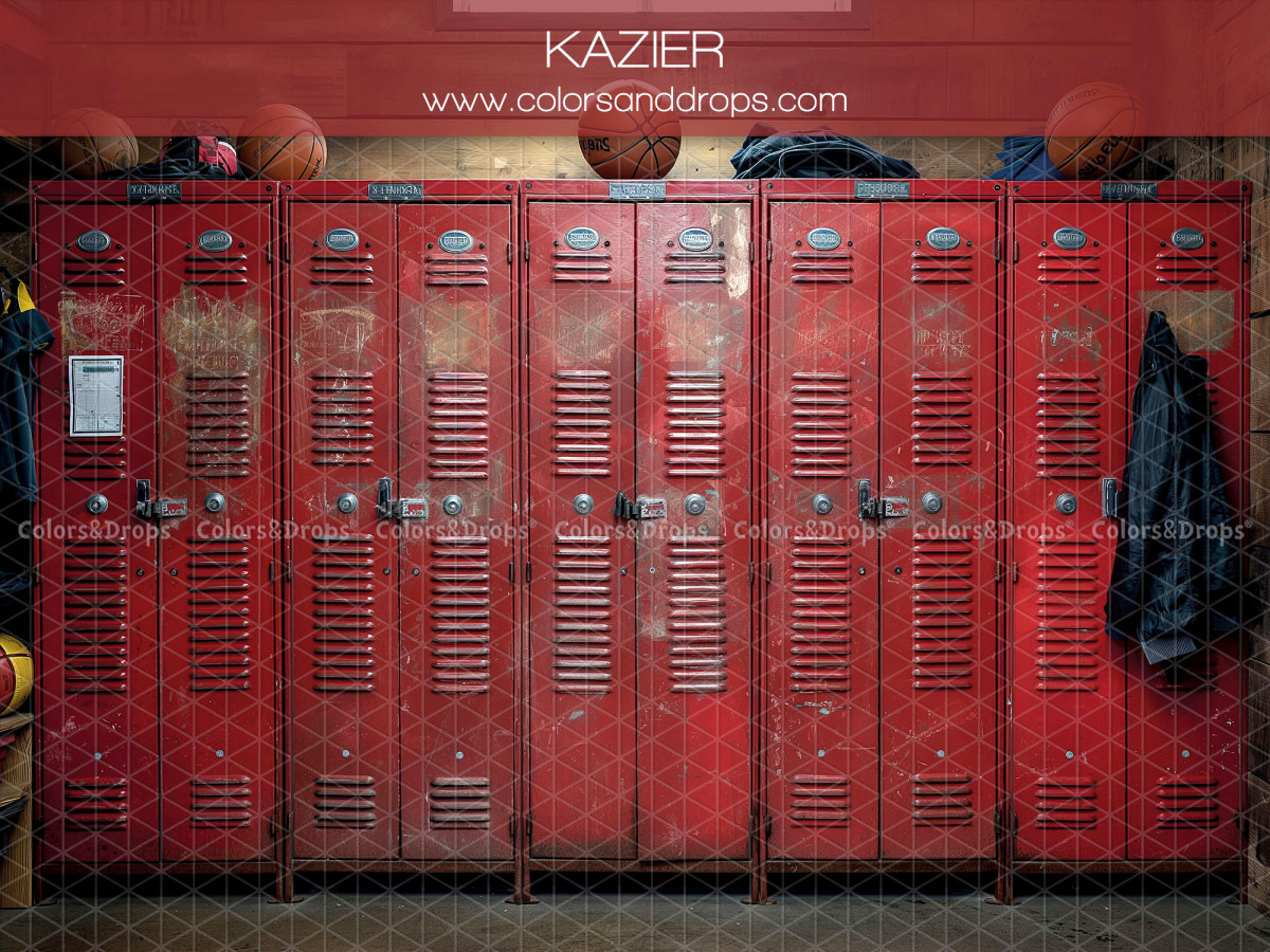 School portrait photo backdrop Kazier – row of red lockers | Colors&Drops