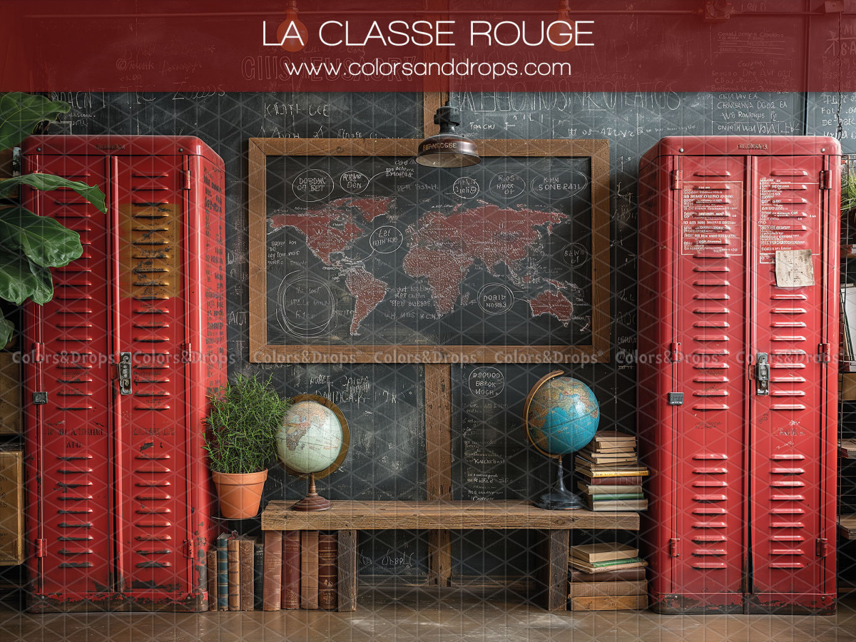 Fondo fotográfico escolar La Classe Rouge – aula roja con taquillas y mapa del mundo | Colors&Drops
