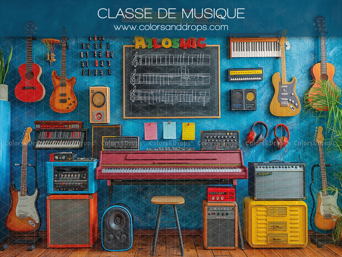 School portrait photo backdrop Classe de Musique – music classroom with guitars, piano and amps | Colors&Drops