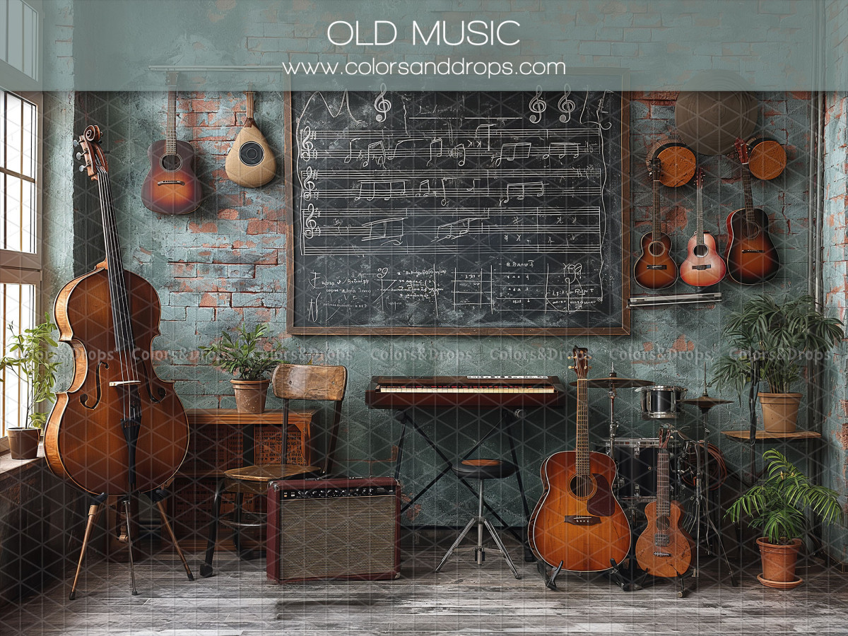 School portrait photo backdrop Old Music – old music room with double bass and guitars | Colors&Drops
