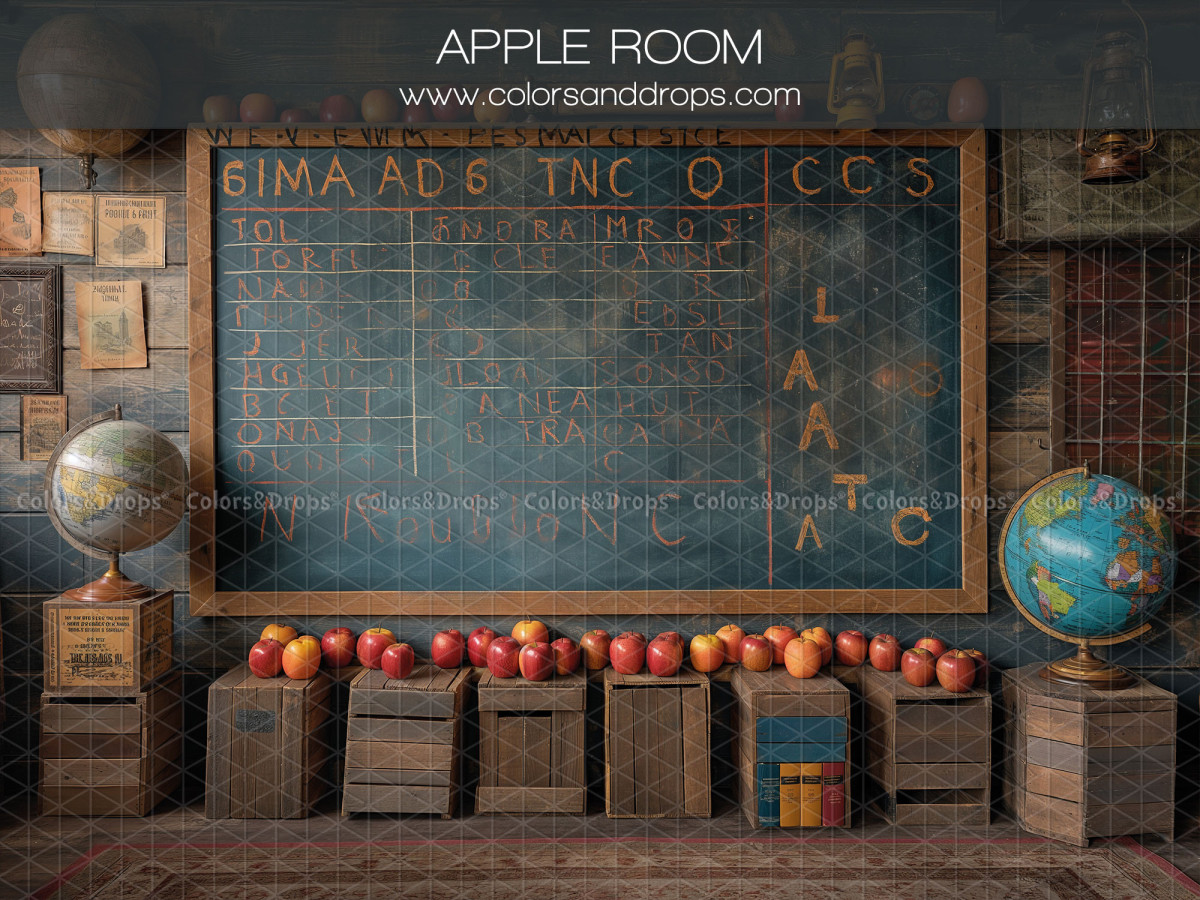 School portrait photo backdrop Apple Room – old classroom with apples and globes | Colors&Drops