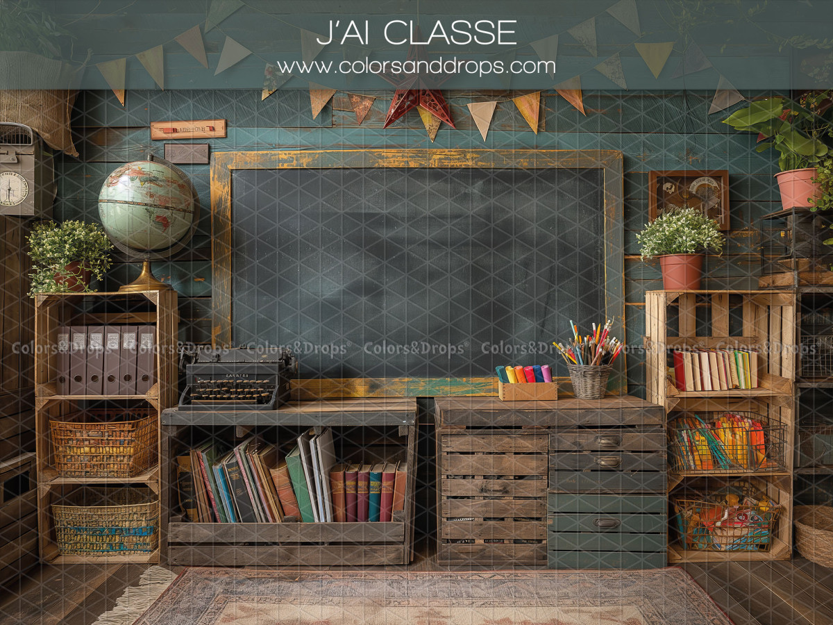 School portrait photo backdrop J'ai Classe – vintage classroom with chalkboard and wooden crates | Colors&Drops