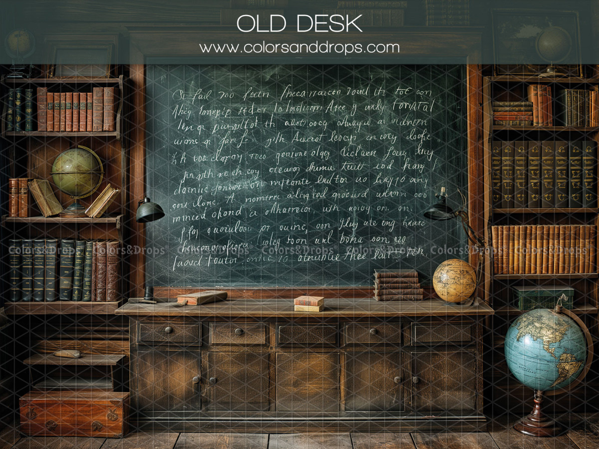 Fondo fotográfico escolar Old Desk – escritorio escolar antiguo con pizarra y libros | Colors&Drops