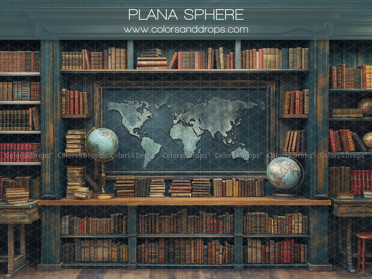 School portrait photo backdrop Plasphere – school library with world map and globe | Colors&Drops
