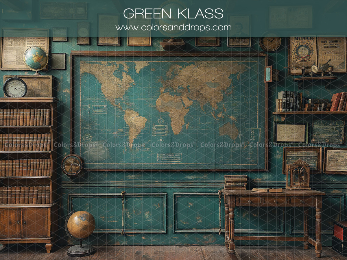 School portrait photo backdrop Green Klass – green classroom with old world map | Colors&Drops