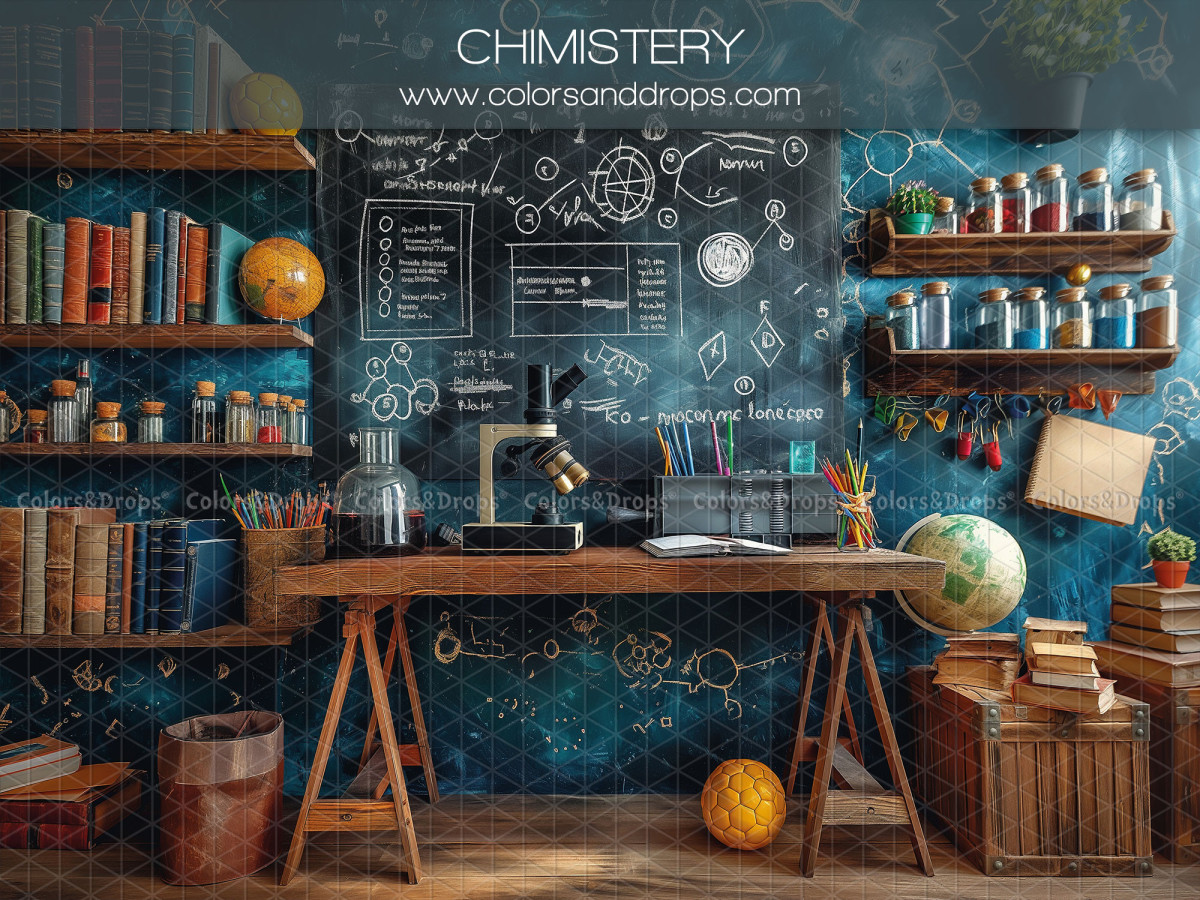 Fondo fotográfico escolar Chimistery – laboratorio de química con pizarra y estanterías | Colors&Drops