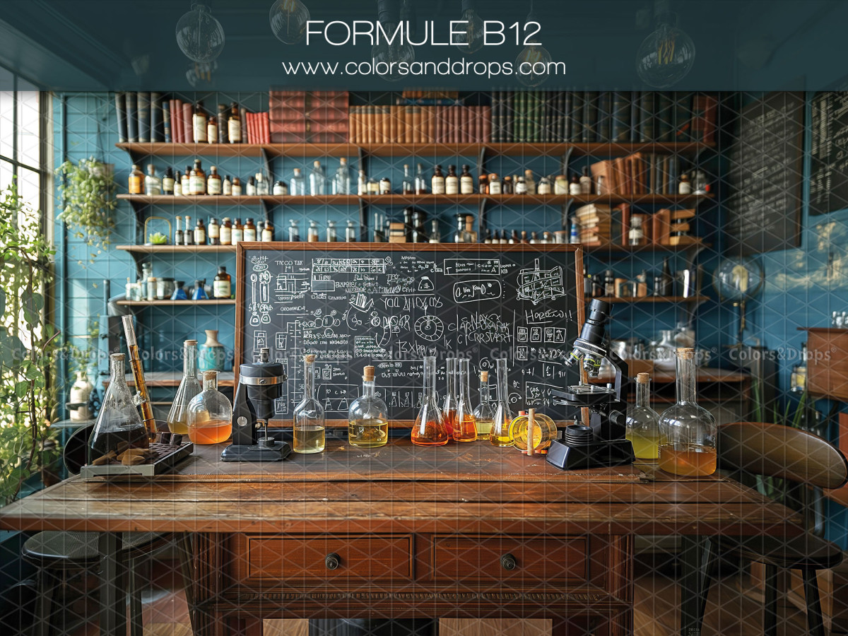 Fond photo scolaire Formule B12 – laboratoire de chimie avec formules au tableau | Colors&Drops