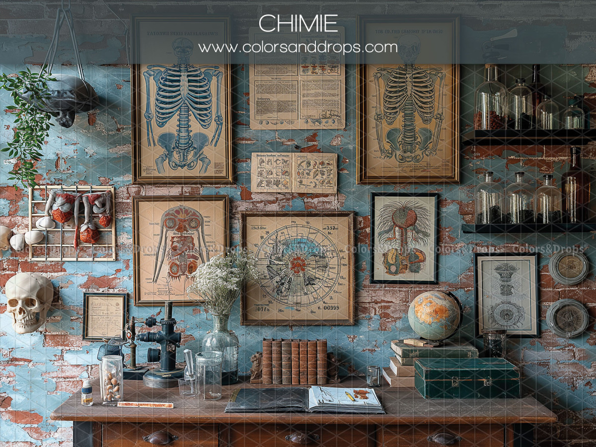 Fondo fotográfico escolar Chimie – gabinete de ciencias con láminas de anatomía | Colors&Drops