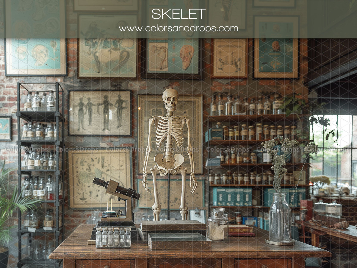 Fondo fotográfico escolar Skelet – laboratorio con esqueleto y láminas anatómicas | Colors&Drops