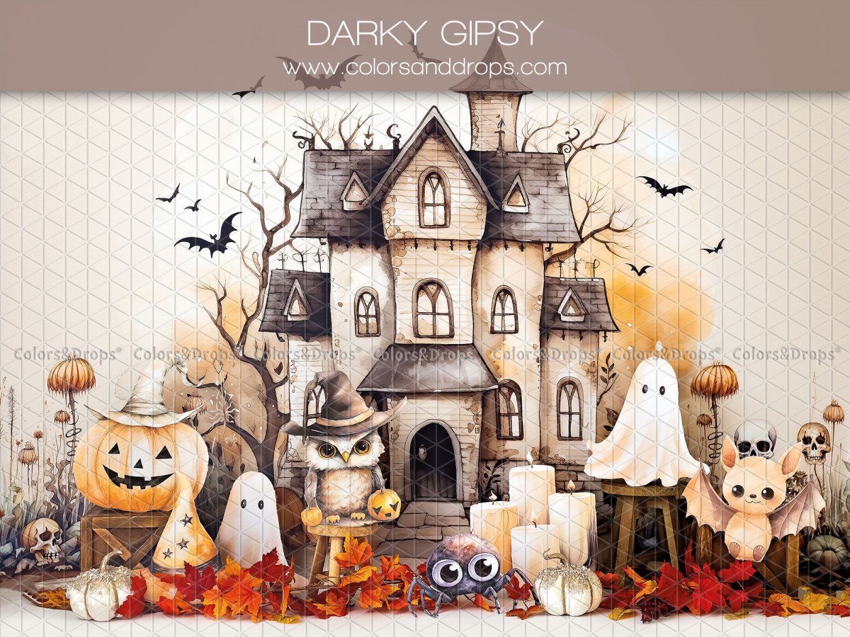 Fond photo d'Halloween Darky Gipsy – maison hantée avec fantômes et citrouilles | Colors&Drops