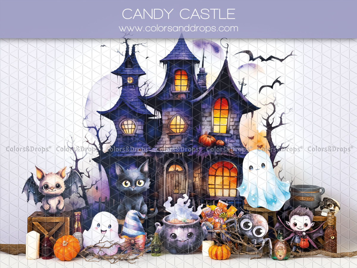 Fondo fotográfico de Halloween Candy Castle – castillo encantado morado con gato negro y fantasma | Colors&Drops