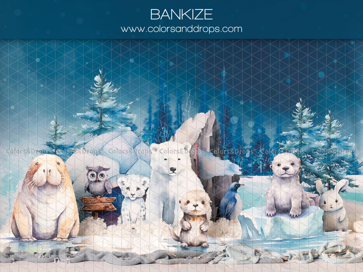 Fond photo bébé et smash cake Bankize – animaux polaires sur la banquise avec sapins | Colors&Drops