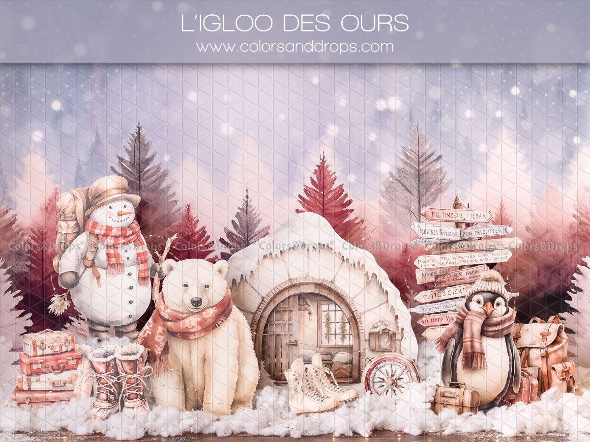 Baby & cake smash photo backdrop L'Igloo des Ours – bear and snowman in front of a pink igloo | Colors&Drops