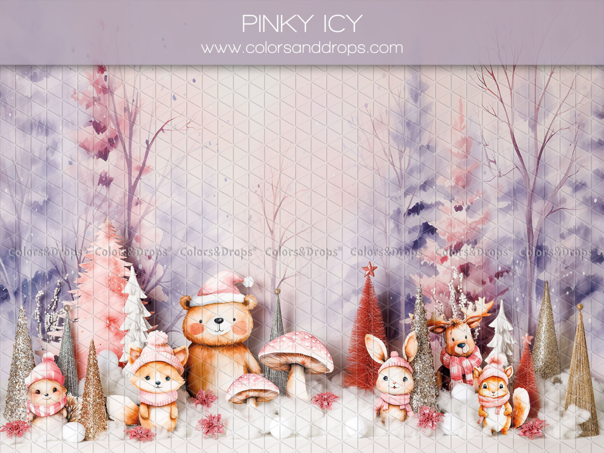 Fond photo bébé et smash cake Pinky Icy – animaux de la forêt dans un bois d'hiver rose | Colors&Drops