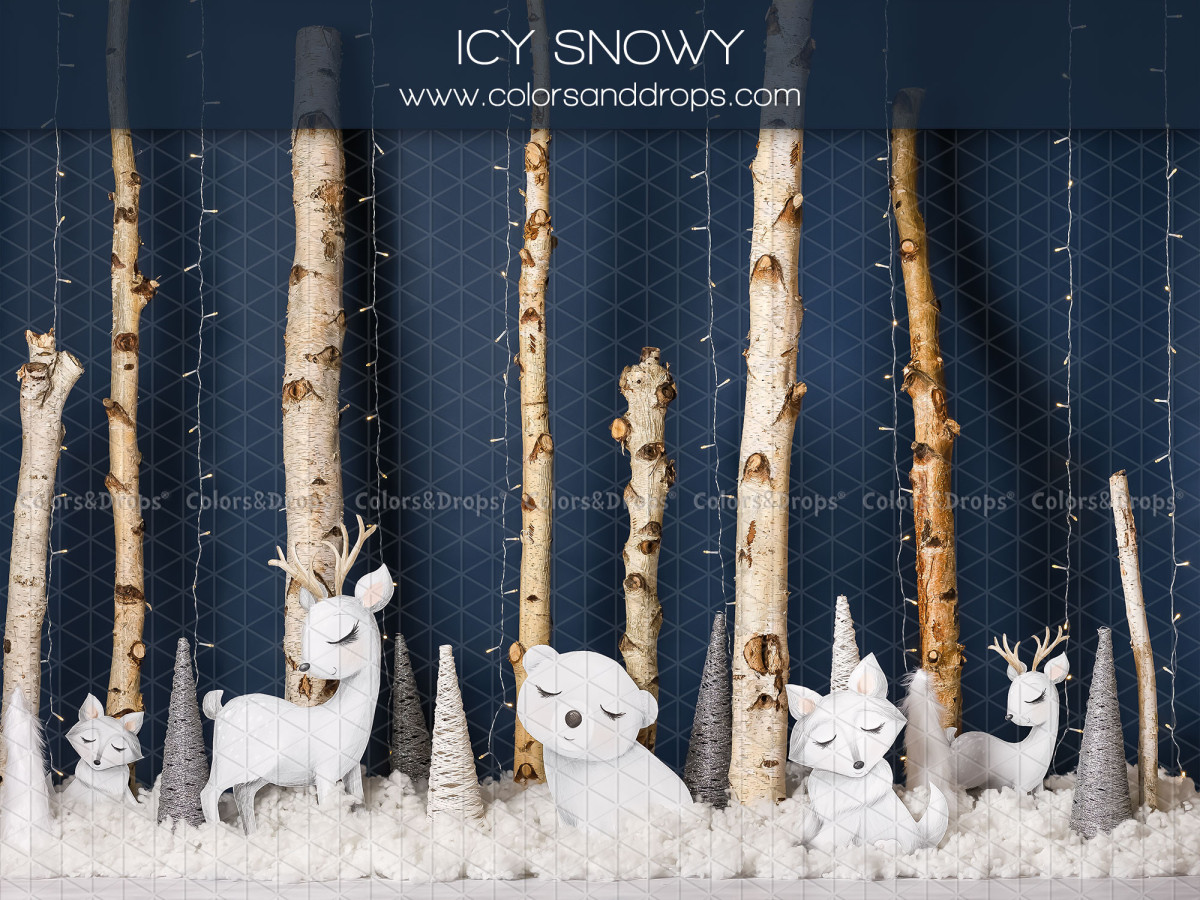 Fond photo bébé et smash cake Icy Snowy – forêt de bouleaux la nuit avec animaux blancs | Colors&Drops