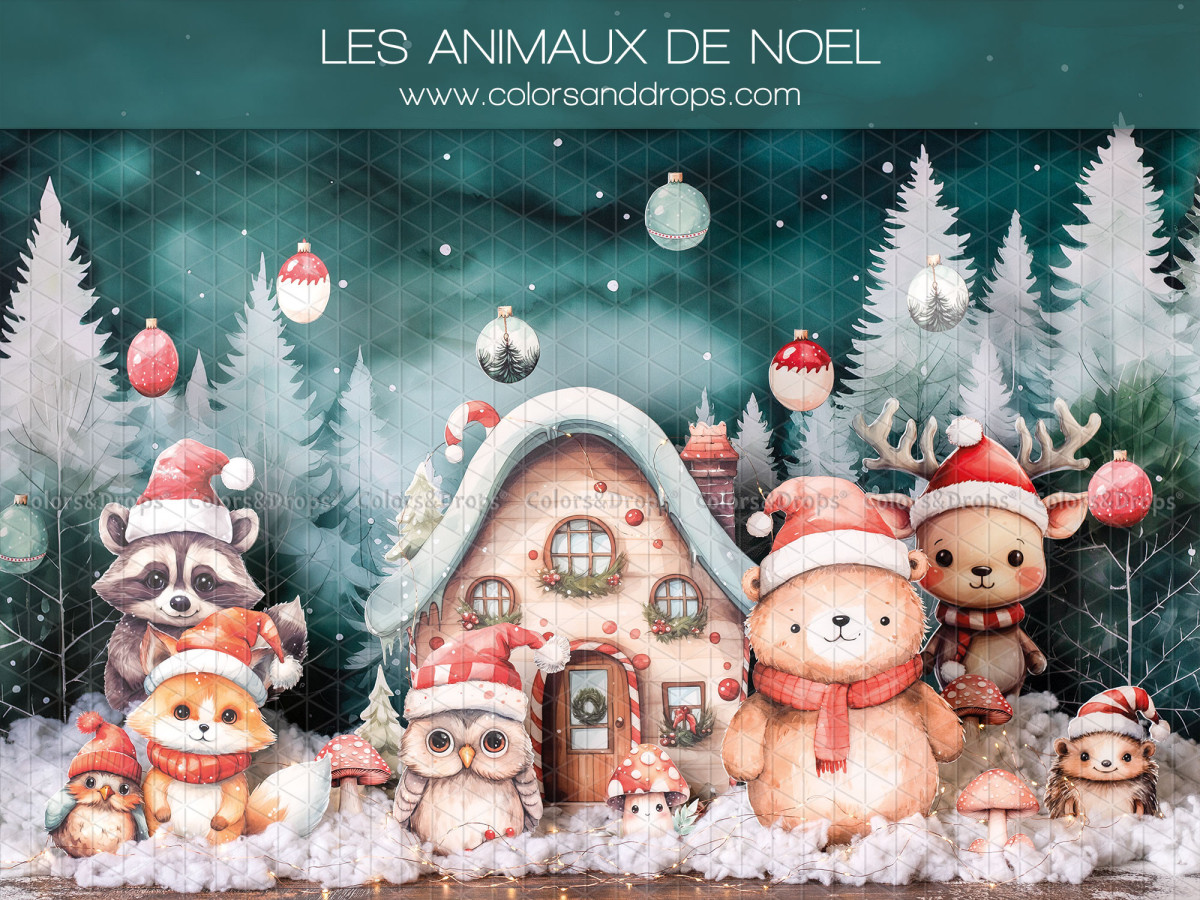 Fond photo bébé et smash cake Les Animaux de Noël – animaux de Noël devant une maisonnette enneigée | Colors&Drops