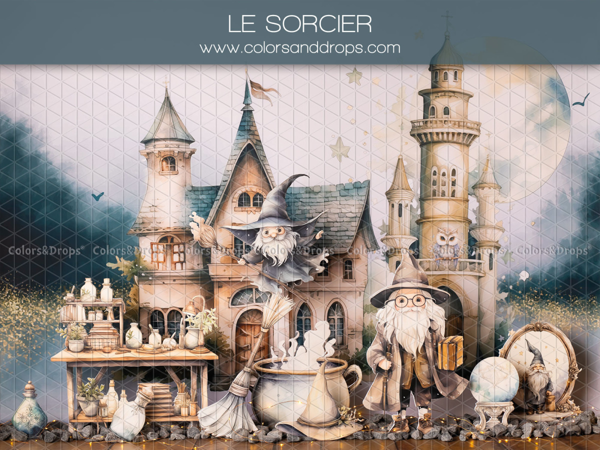 Fond photo bébé et smash cake Le Sorcier – château de sorcier avec potions et lanternes | Colors&Drops