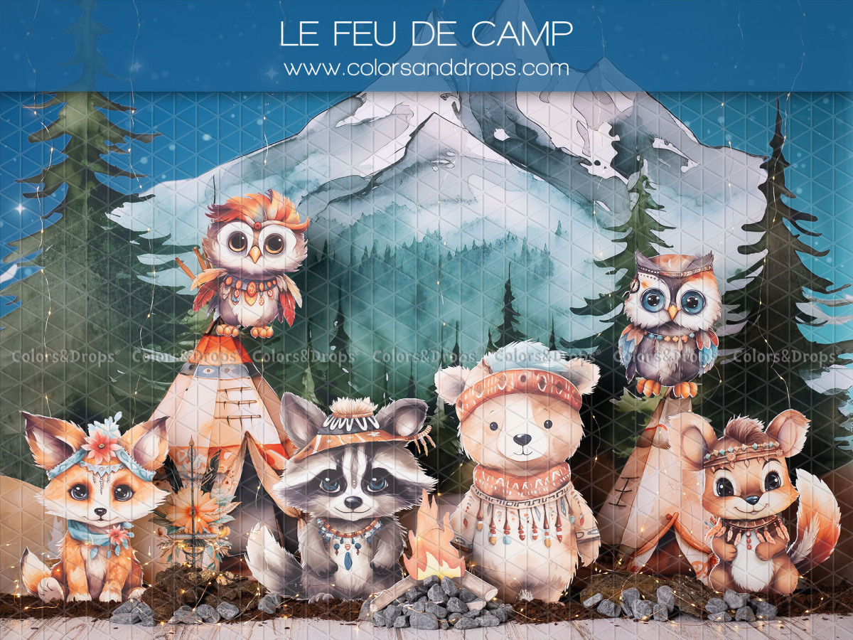 Fond photo bébé et smash cake Le Feu de Camp – animaux de la forêt autour d'un feu de camp | Colors&Drops