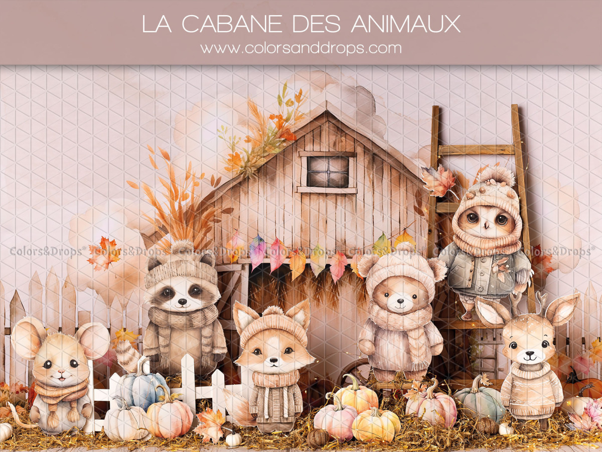 Fond photo bébé et smash cake La Cabane des Animaux – cabane en bois avec animaux de la forêt et citrouilles | Colors&Drops