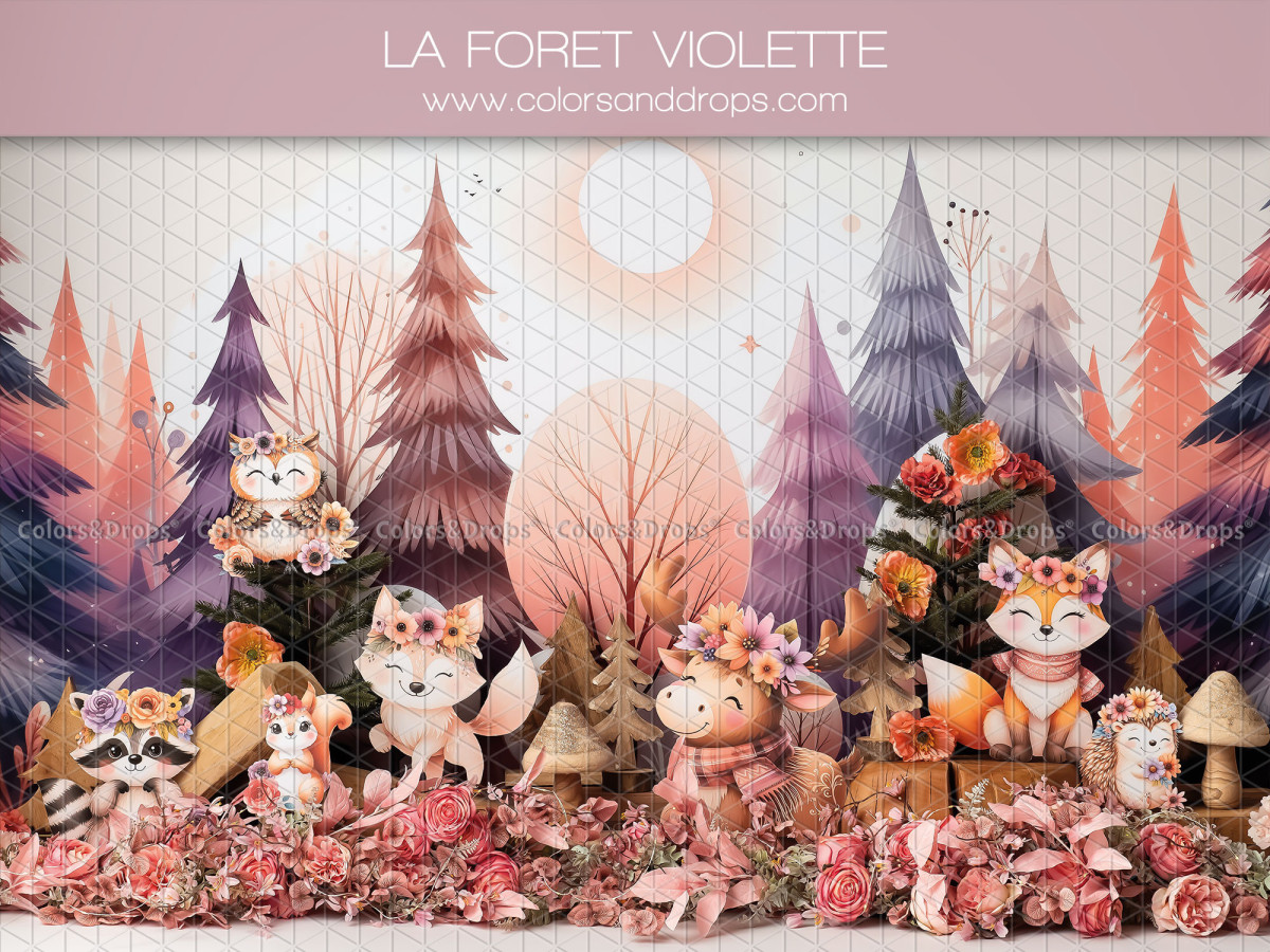 Baby & cake smash photo backdrop La Foret Violette – forest animals in a purple and orange wood | Colors&Drops